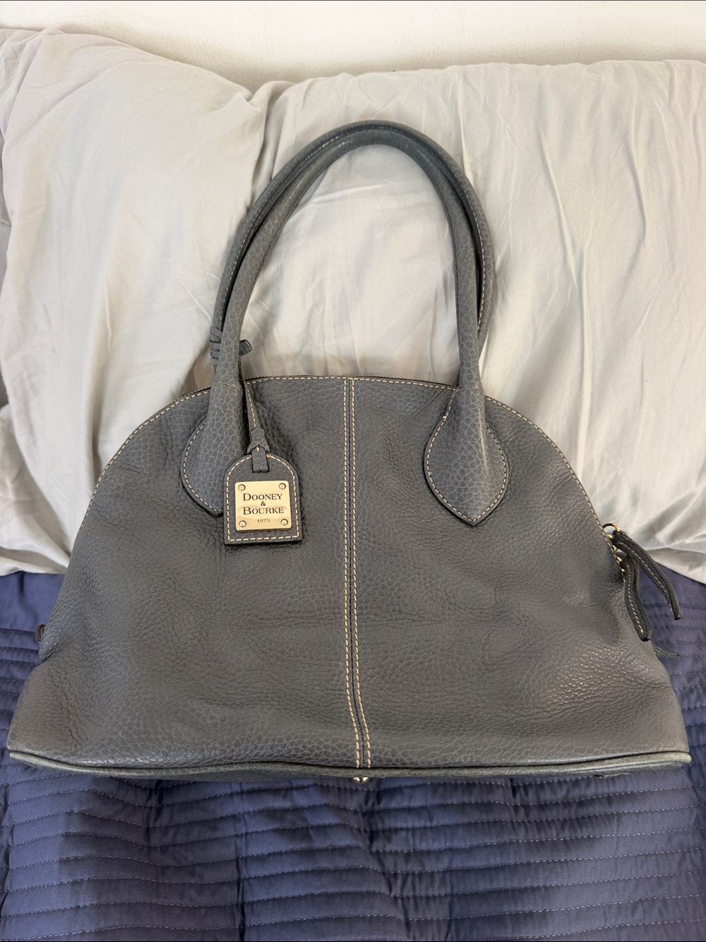 Dooney & Bourke Gray Leather Dome Satchel with Contrast Stitching